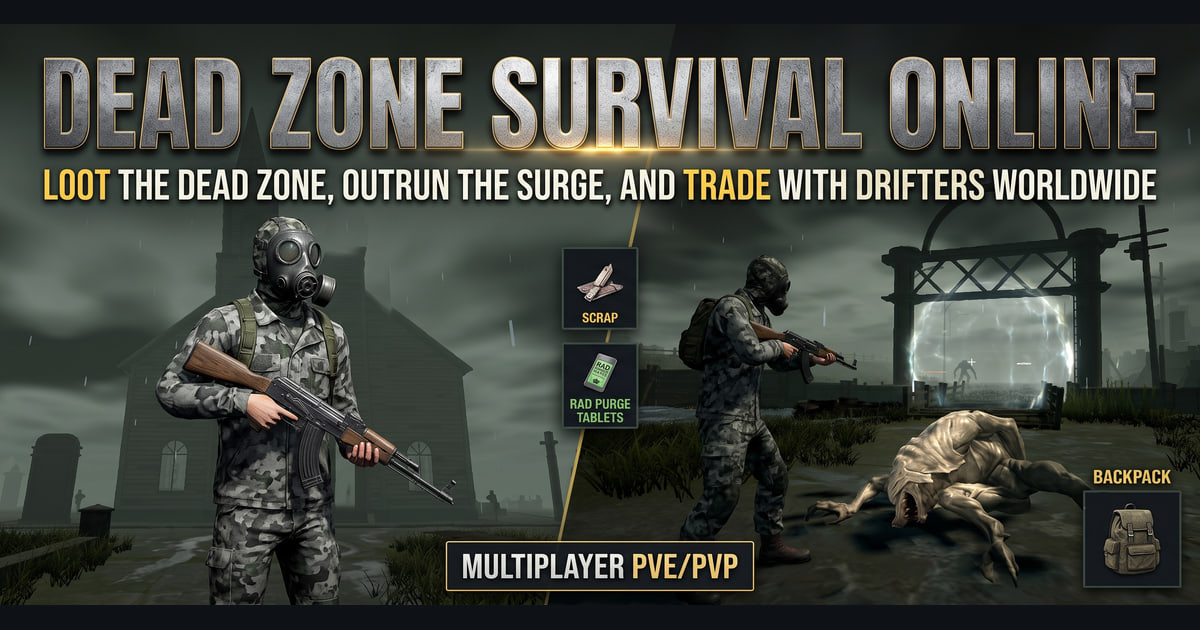 Dead Zone: Survival Online key art — a Drifter in a gas mask in front of a ruined church